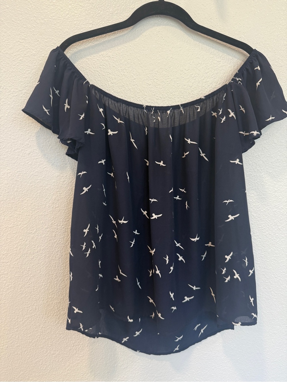 Emetla Women’s Navy Blue Off The Shoulder Top With White Birds Medium